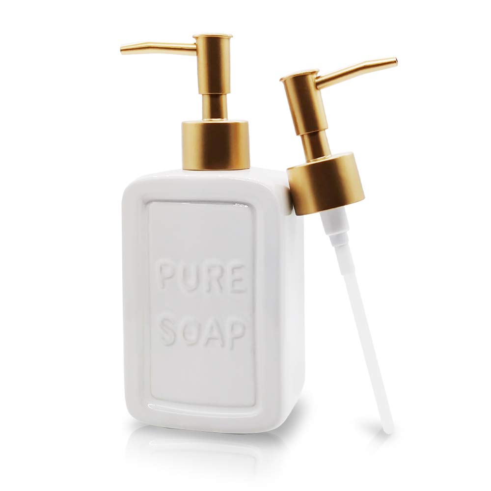 Decorative Soap Dispenser White Ceramic Lotion Bottle with Embossed Letters Noble Golden Matte Pump