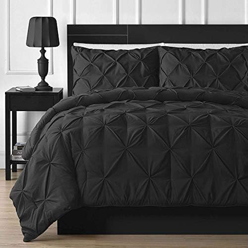 Comfy Living Soft Luxurious 1-Piece Pinch Pleated Pintuck Decorative Quilt Duvet Cover Egyptian Cotton 800 Thread Count Comforter Cover(Full/Queen (1-Piece),Black)