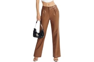VQW Women's Faux Leather Pants Straight Wide Leg Leather Pants Pleated Pants with Pockets