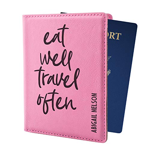 Personalized Passport Holder w Name and Quote - Custom Engraved Leather Passport Cover for Women and Men - Christmas Gifts for Travelers, Christmas, Honeymoon, Travel Gifts | Eat Well Travel Often - Thumbnail 6