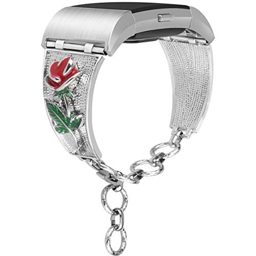 somoder Bling Bands Compatible with Fitbit Charge 2, Vintage Chain Jewelry Cuff Bracelet Replacement for Fitbit Charge 2 Bands [Rose Floral Version]