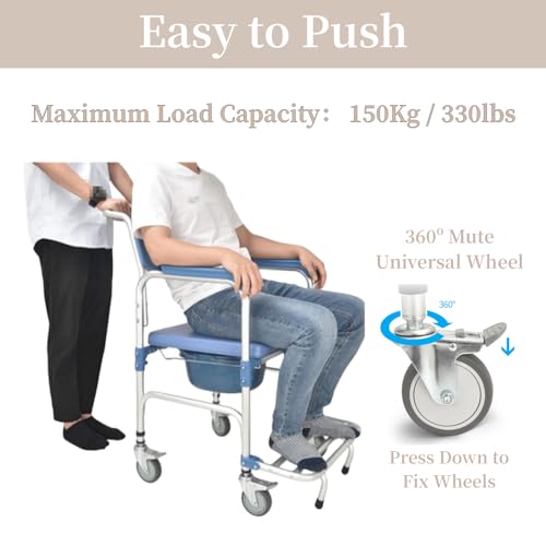 ybaymy 4-in-1 Wheeled Shower Chair, Bathroom Shower Chair with Wheels for Elderly, Waterproof Wheeled Commode Toilet Chair with Removable Bucket, Bedside Commode Chair on Wheels for the Disabled