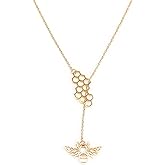 Winssigma 18K Gold Plated Stainless Steel Bee Honeycomb Pendant Necklace, Adjustable Y Lariat Conch/Guitar/Horseshoe Necklace for Women