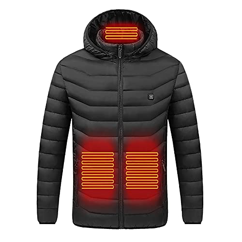 Heated Coats for Men Full Zip USB Charging Electric Hooded Heating Jackets 4 Levels Heat Setting Smart Heated Body Warmer Jacket 9/19 /21 Heating Zone Heat Outwear Outdoor Winter Warm Padded Coat