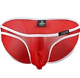YiZYiF Men's Smooth Thin Bikini Brief Mesh Bulge Pouch Pants Underwear Red Medium