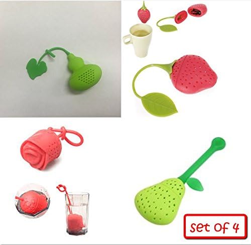 KisKis - Set of 4 - Silicone Design Tea Fruit Infuser Strainer Teapot TeacupBPA-free. (strawberry,pear, rose, green pear)