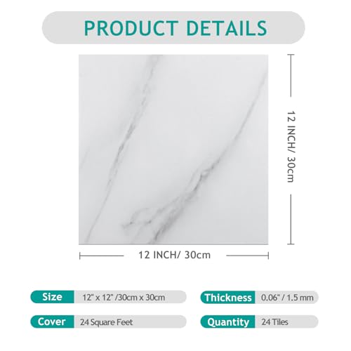 VEELIKE Waterproof Self-Adhesive Vinyl Floor Tiles Modern White Marble Effect Easy Install Peel and Stick Floor Tiles Durable PVC Flooring for Kitchen Bedroom Living Room Commercial 11.8"x11.8" 24 Pcs