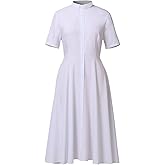 FAD-4U Church Clergy Dress for Women Short Sleeve Rows Buttons A Line Dress with Tab Collar