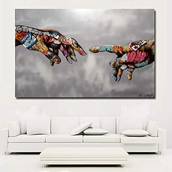 Faicai Art Classic Street Art Banksy Graffiti Paintings Canvas Wall Art Adam Hand of God Pop Art Prints Posters Abstract Colorful Modern Wall Decor Pictures Home Office Decor Framed 32