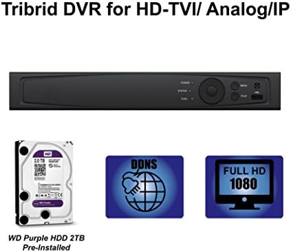 8 channel HD-TVI Tribrid DVR 1080P recording Compatible with 8pcs TVI or Analog and 2pcs IP Camera, 2TB WD Purple HDD Pre-installed