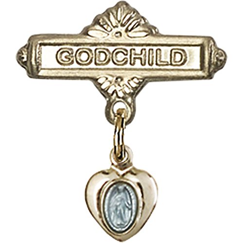 Baby Badge with Gold Plate over Sterling Silver Blue Miraculous Charm and Gold Filled Godchild Badge Pin 3/4 X 5/8 inches