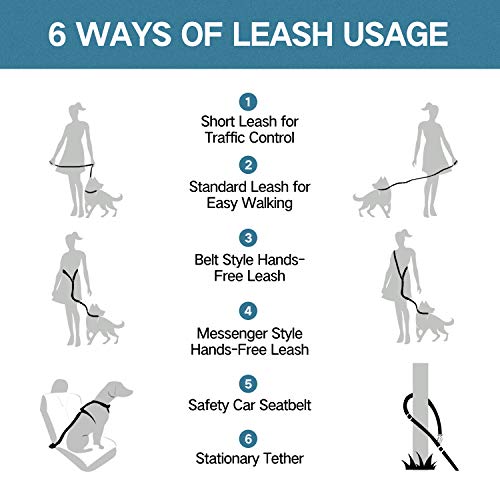 5-8Ft Dog Leash 6-in-1 Multifunctional Heavy Duty Leash with Soft Padded Traffic Handle and Highly Reflective Threads, Shock Absorbing Bungee Leash Rope with Car Seat Belt for Medium and Large Dogs