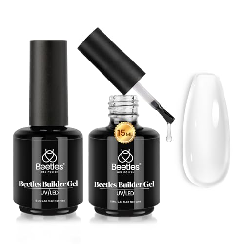 Beetles Builder Gel 7 in 1 Clear Builder Nail Gel Set, 2Pcs 15ml Building Nail Gel for Nail Apex and Extension Strengthener Hard Gel Brush in Bottle, Led Lamp Gel Rhinestone
