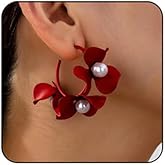 Flower Petal Open Hoop Earrings Colorful Large Flower Dangle Drop Earrings Trendy Floral Pearl Hoop Earrings Party Jewelry Accessories for Women