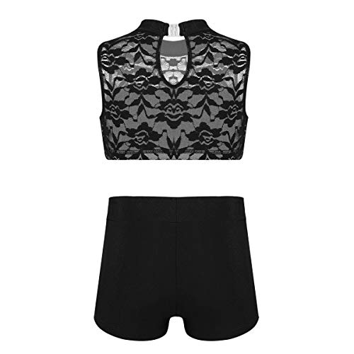inhzoy Kids Girls Tankini Outfit Set 2-Piece Gymnastics Leotard Ballet Jazz Dance Sleeveless Lace Crop Top with Shorts Black 10