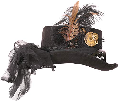 Narwhal Novelties Deluxe Halloween Costume Hat; Black, Velvet 4.5" Steampunk Hat with Removable Steampunk Goggles Attached Feather, Gears
