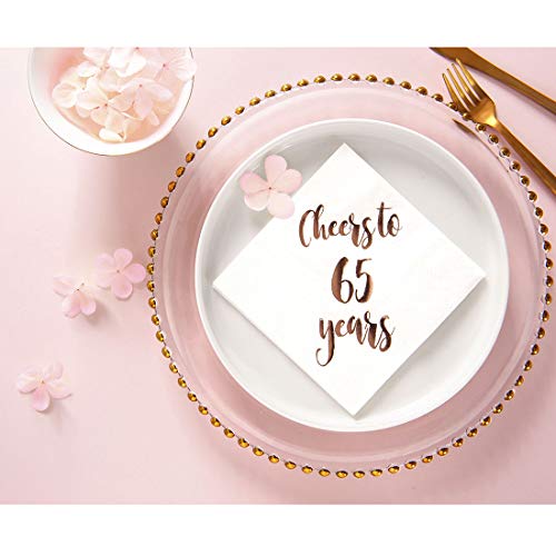 Cheers to 65 Years Cocktail Napkins, 50-Pack 3ply White Rose Gold 65th Birthday Dinner Celebration Party Decoration Napkin
