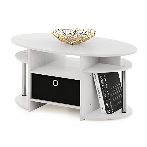Furinno Jaya Simple Design Oval Coffee Table with Bin, White Oak/Chrome