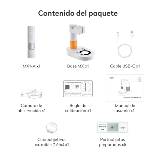 MatataStudio MX1-AS Microscopio Portátil para Niños 3.5x-1000x con Soporte Funcional, 2 LEDs, Portaobjetos, soporta Foto y Video Microscopio Digital USB Profesional para Infantil Adultos Laboratorio