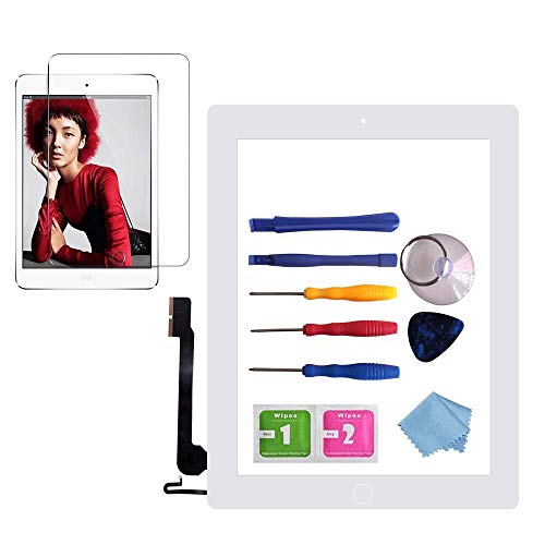 for iPad 4 Glass Touch Screen Digitizer Replacement Kit White A1458, A1459, A1460 with Home Button Flex, Adhesive Tape, Midframe Bezel, Screen Protector, Instruction Manualï¼Œand Repair Toolkit