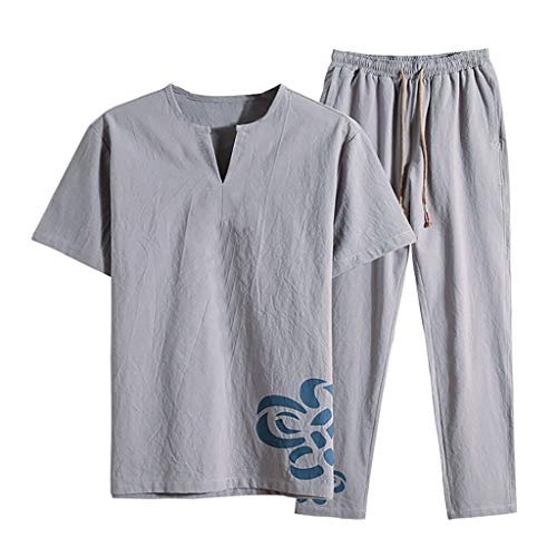 NIUQI Men's Summer Fashion Casual Printing Cotton-Hemp Short Sleeve Long Pants Suit