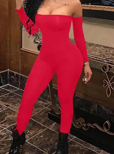 HILINKER WOMENS SEXY OFF SHOULDER JUMPSUIT BODYCON LONG SLEEVE ONE PIECE ROMPER RED SMALL