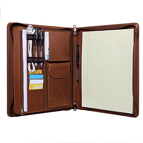 Handmade Crazy-Horse Leather Padfolio Portfolio, Easy to Carry with A Zippered Closure, Business Organizer Tablet Folio Folder with Letter Size Notepad, Gift for Women & Men (Brown, Non-Custom)