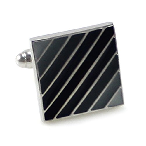 MENDEPOT Classic Rhodium Plated Square Multi-Color Stripes Cufflinks with Box (Grey)