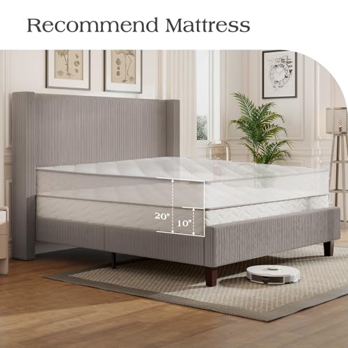 Jocisland King Size Upholstered Platform Bed Frame, 50.8" Corduroy Bed Frame with Wingback Headboard Vertical Tufted, Solid Wood Legs, No Box Spring Needed, Taupe