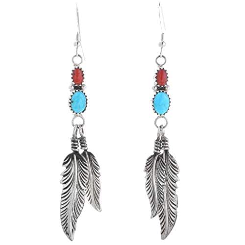 Amazon.com: Natural Turquoise Coral Earrings Dangling Silver Feathers ...