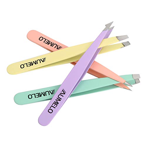 Tweezers Set 4Piece Professional Stainless Steel Tweezers with Leather Travel Case by AUMELO