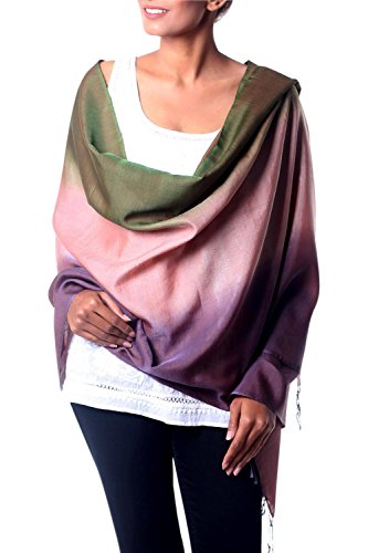 NOVICA Silk and Wool Blend Purple and Green Shawl, 'Natural Radiance'