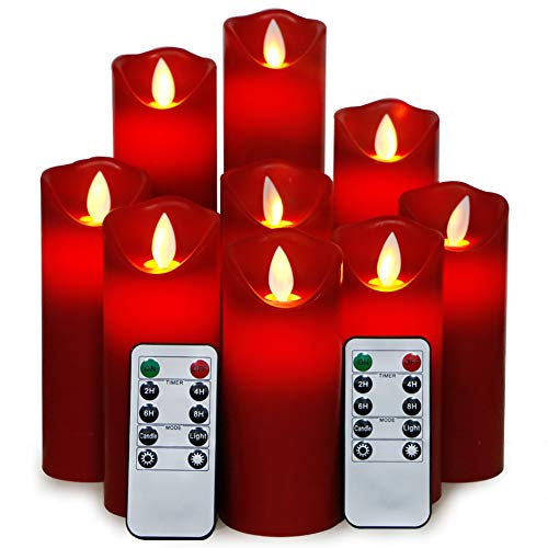 Flameless Candles Flickering Light Pillar Real Smooth Wax with Timer and 10-Key Remote for Wedding,Votive,Yoga and Decoration(Set of 9) (redred) - Thumbnail 3