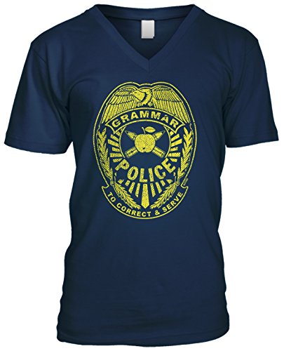 Blittzen Mens V-neck Grammar Police To Correct and Serve, L, Navy Blue