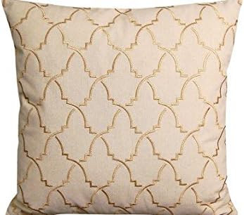 18 X 18 Modern Beige and Gold Turkish Pattern Pillow - Indoor Cotton Beige background with golden threads create this modern turkish design. Indoor cotton pillow has solid back with zipper closure.