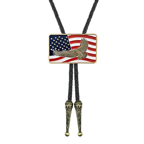 QUKE Native American Pride Victory Bald Eagle USA Flag Bolo Tie Genunie Leather