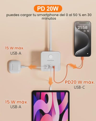Cube Power Strip Sockets with USB, 3 Outlets AC & USB C PD 20W, Cable 2M White | Thief Sockets With USB, Compact Cube, Little Space, Switch, Perfect Desktop Home