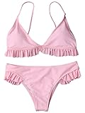 TeeDoc Womens Ruffles Cute Bikini Set Pink Grey Two Piece Bathing Suit (M US2-4, Pink)