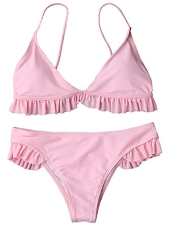 Amazon.com: TeeDoc Womens Ruffles Cute Bikini Set Pink ...