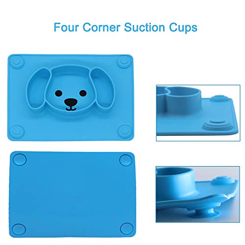 Baby Silicone Suction Placemat + Plates - Food Feeding Divided Mat for Kids and Toddlers Fits Most Highchair Trays - Easily Wipe Clean - Dishwasher and Microwave Safe (Blue & Green)