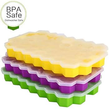 Ice Cube Trays with Lids,Bomstar 2 Pack Food Grade Silica Gel Flexible 74 Ice Trays with Spill-Resistant Removable Lid,BPA Free Ice Cube Molds for Whiskey Storage,Cocktail,Beverages