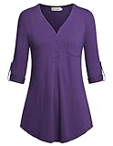 Nandashe Women 3 4 Roll up Sleeve Tops, V Neck Plus Size Shirts Blouses Purple XL