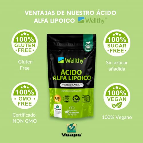Wellthy Ácido Alfa Lipoico 600mg en SOLO UNA CÁPSULA 185 Cápsulas. 185 Dosis Completas, NON GMO, Vegan Friendly, VCaps Tecnología Cápsulas Veganas, Bottle Free.