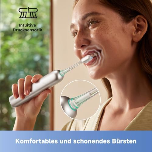 Fresh Pro 3DClean™ Elektrische Zahnbürste mit App, Schallzahnbürste für Erwachsene, 2 Bürstenköpfe und Reiseetui, 3-in-1-Ersatzbürstenkopf mit Halter, 30 Tage Akkulaufzeit, Silber