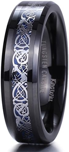 King Will DRAGON 6mm Black Tungsten Carbide Ring Blue Carbon Fiber Silver Celtic Dragon Wedding Band 9