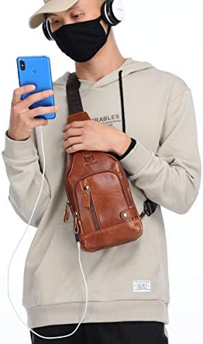 BULLCAPTAIN Sling Bag Crossbody Backpack with USB Charging Port Genuine Leather Hiking Travel Daypack XB-129 (Brown) 5 BULLCAPTAIN Sling Bag Crossbody Backpack with USB Charging Port Genuine Leather Hiking Travel Daypack XB-129 (Brown)