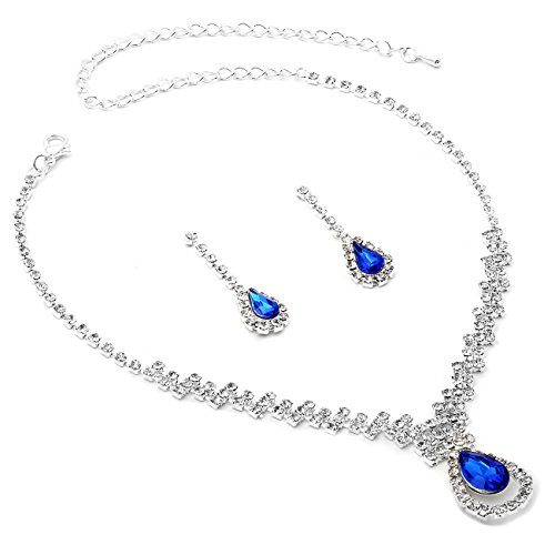 Silver Sapphire Three Two Alternate Stack Link Necklace with Large Teardrop Shape Rhinestone Center & Matching Dangle Earrings Jewelry Sets