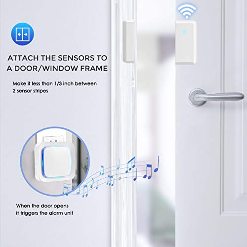 Door Sensor Chime Alarm Wireless System for Home Security, Coolqiya Entry Bell Alert Kit 600FT Operating Range With 4 Volume Levels, 2 Door Sensors + 1 Plug-in Receiver(White)
