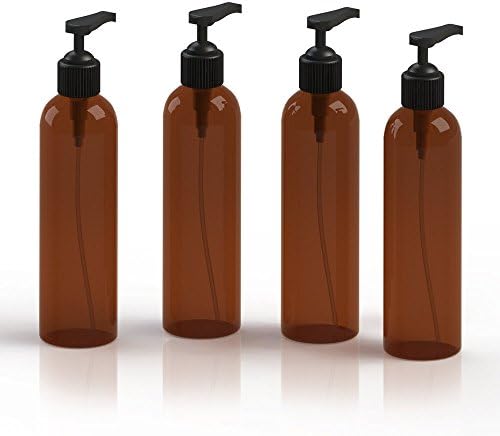 BPA-Free Amber Plastic Bottles w/Black Lotion Pumps (Pack of 4) - Ideal for All Natural Body Wash - Lotion - Shampoo - Conditioner - Essential Oil Blends - Cold Pressed Oils - Lubricant|Massage Oils