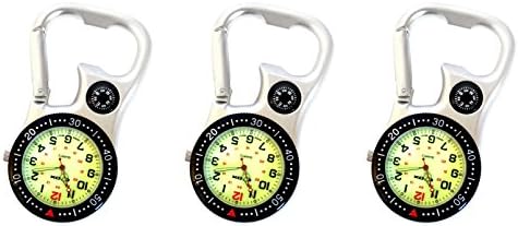 White Silver Clip-on Carabiner FOB Watch Luminous Face with Compass &amp; Bottle Opener For Doctors Nurses Paramedics Chefs Extra Battery (3-Pcs.)